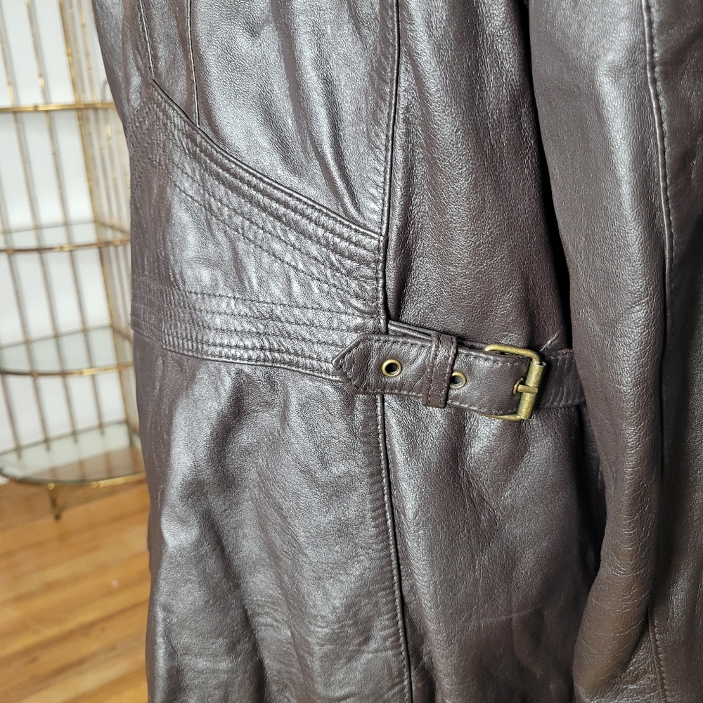 A.N.A. a.n.a Brown Leather Genuine Lambskin Jacket Faux Fur Collar Womens L Moto - Picture 7 of 13